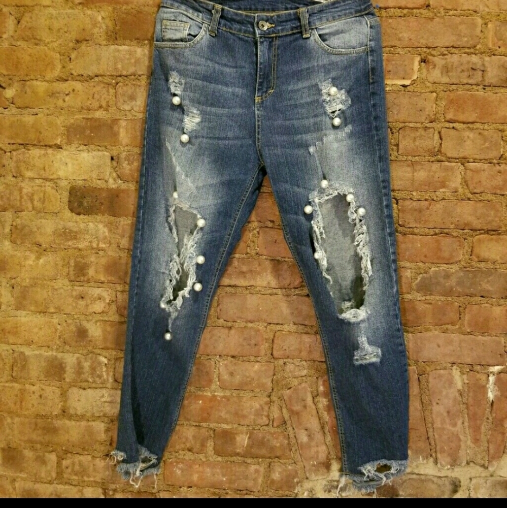 Ripped High-Waisted Pearl Jeans